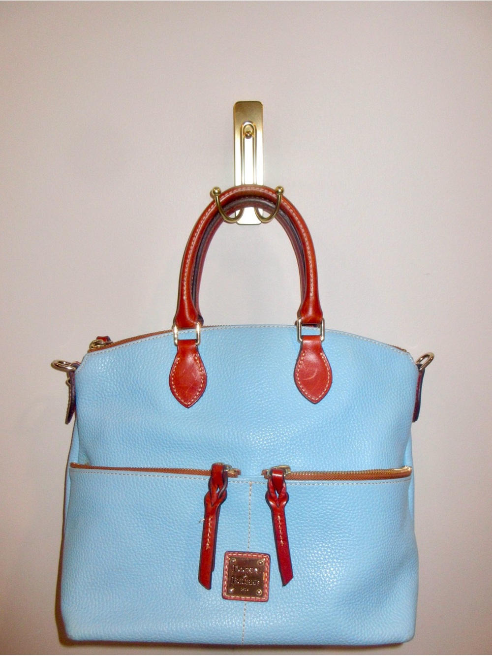 Dooney & Bourke Sky Blue Leather Satchel with Brown Trim